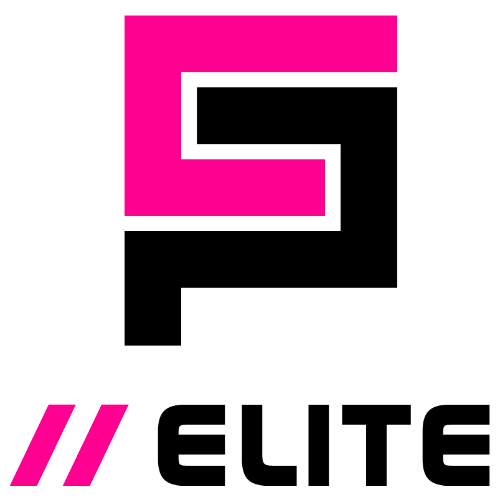 Pink and black geometric logo, "ELITE" text.