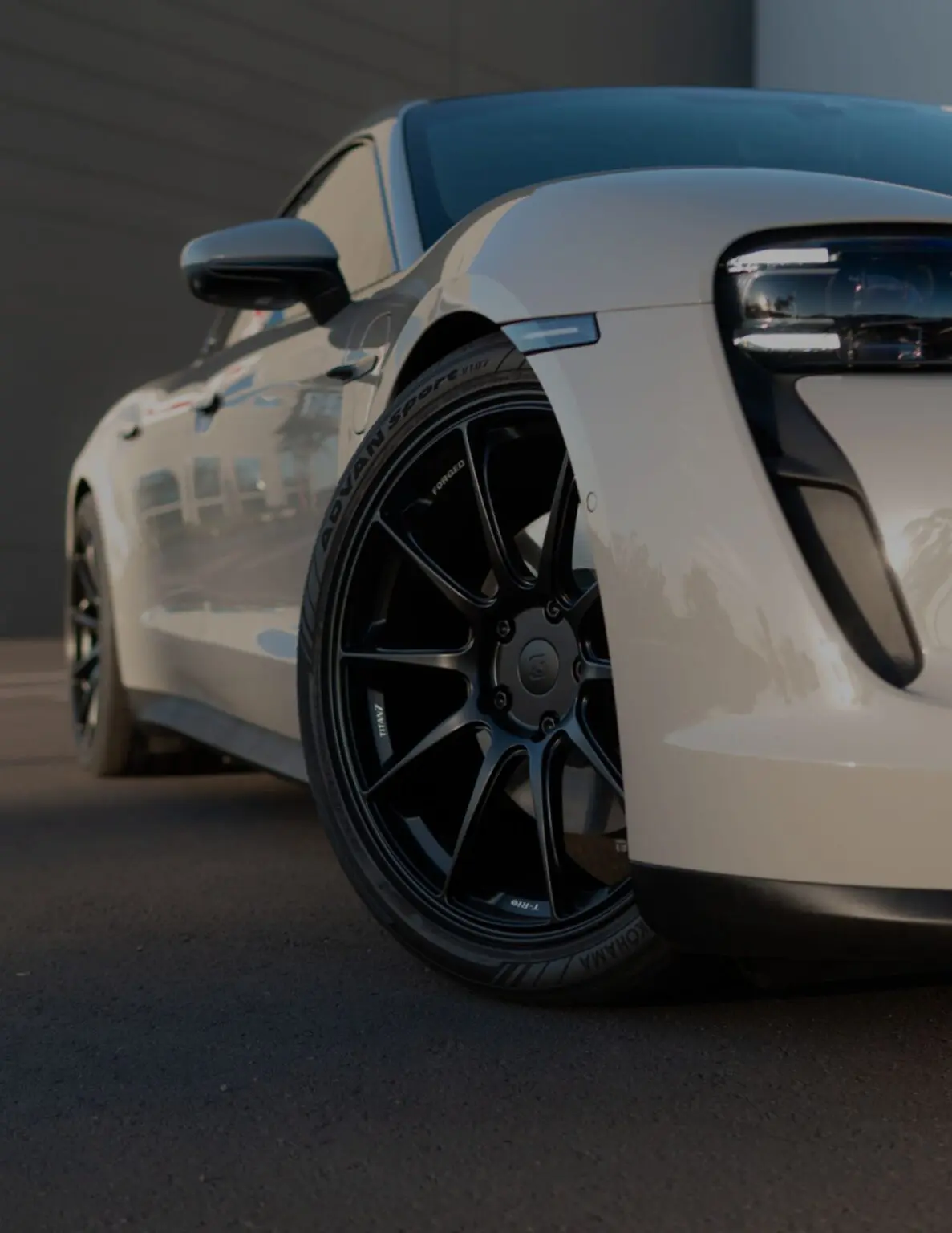 White sports car with black alloy wheels.