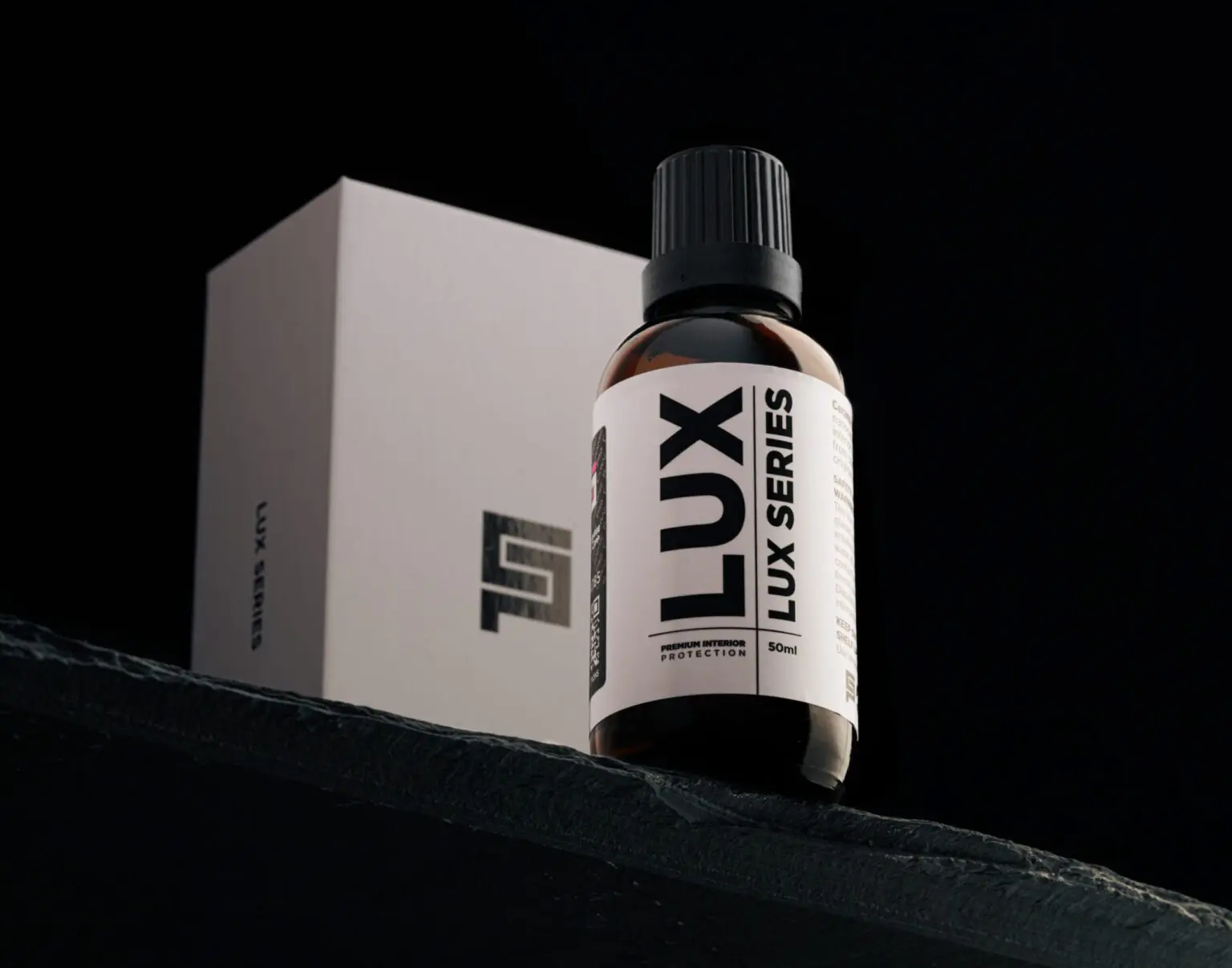 Lux Series bottle with box on shelf.