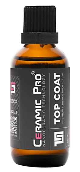 Ceramic Pro Top Coat bottle on black background.