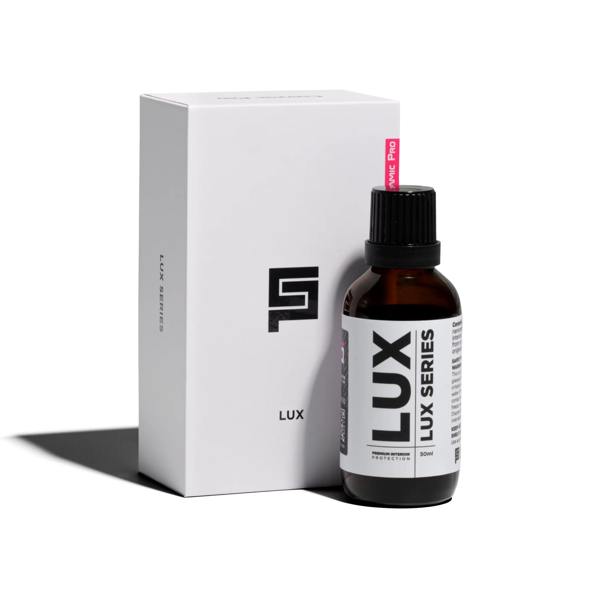 Lux Series bottle with white packaging box.