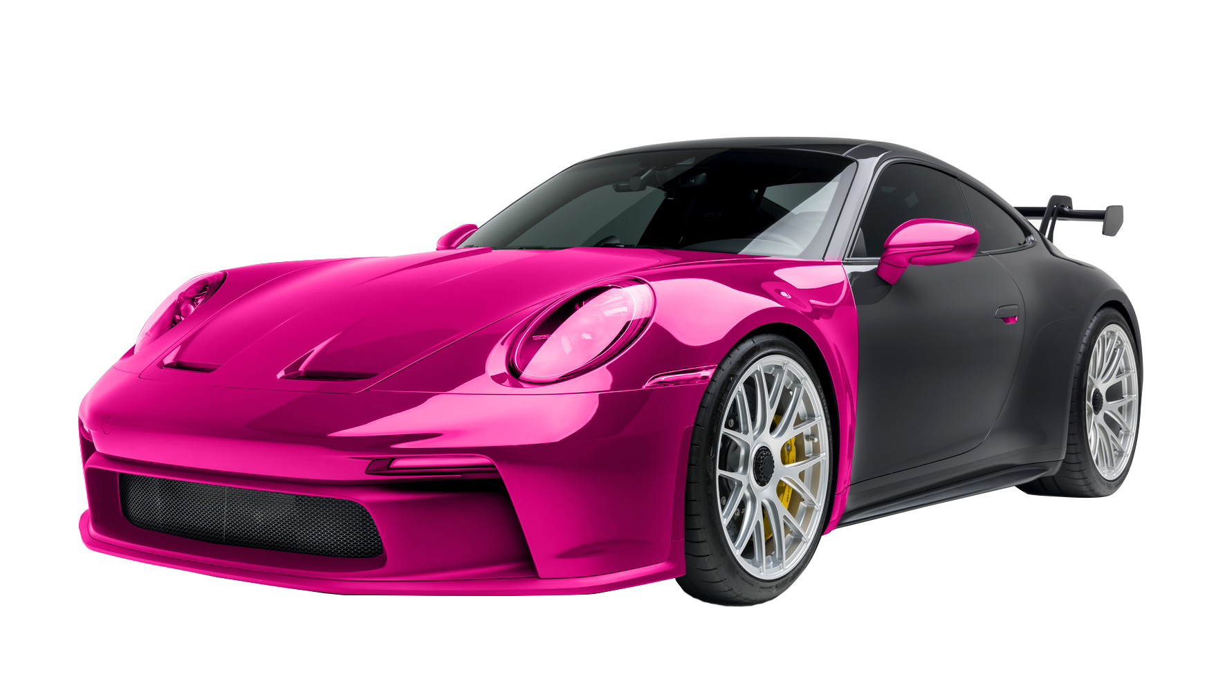 Pink and black sports car, front view.