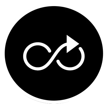 Infinity symbol with arrow in circle.