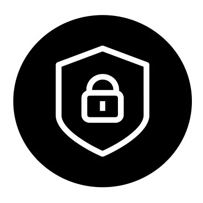 Shield with lock icon on black background.