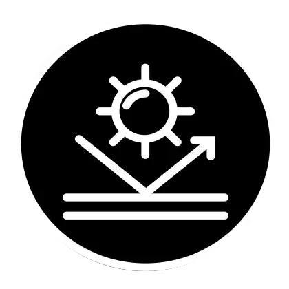 Sun reflecting off surface icon in circle.