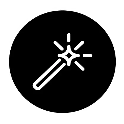Magic wand icon with sparkles, black background.